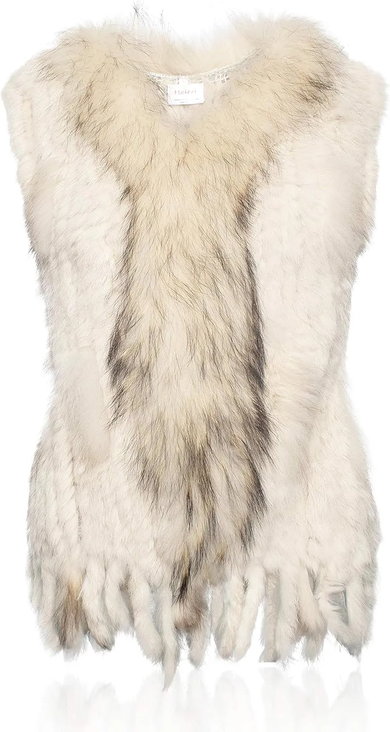 HEIZZI Rabbit Vest for Women, Ladies Coat with Raccoon Trim Collar & Rabbit Tassel, Versatile Fur Coats