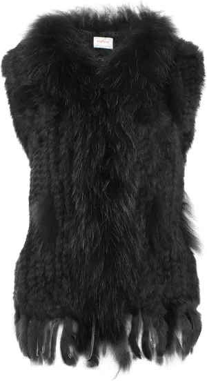 HEIZZI Rabbit Vest for Women, Ladies Coat with Raccoon Trim Collar & Rabbit Tassel, Versatile Fur Coats