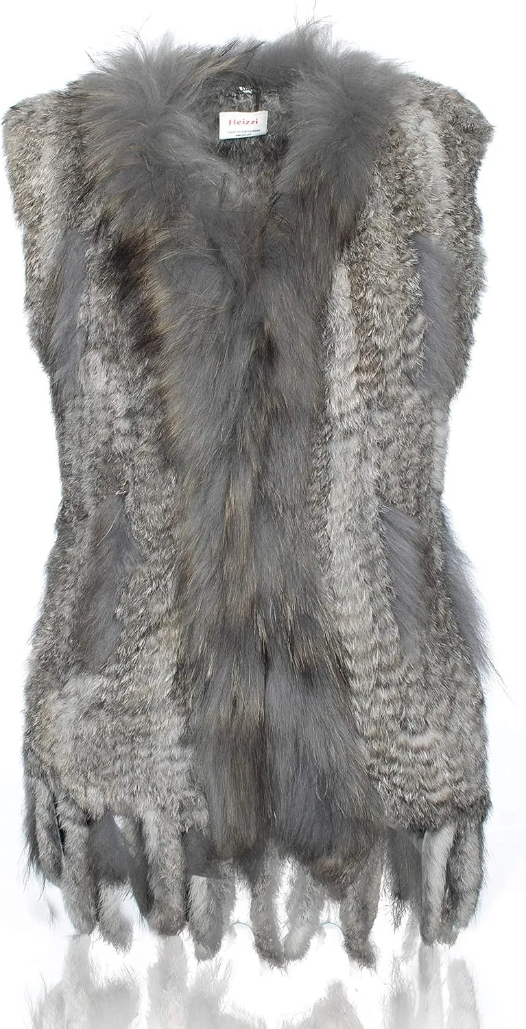 HEIZZI Rabbit Vest for Women, Ladies Coat with Raccoon Trim Collar & Rabbit Tassel, Versatile Fur Coats