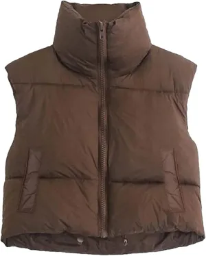 HengShunRui Women Winter Cropped Puffer Vest Sleeveless Cotton Padded Gilet Coat Lightweight Warm Outwear