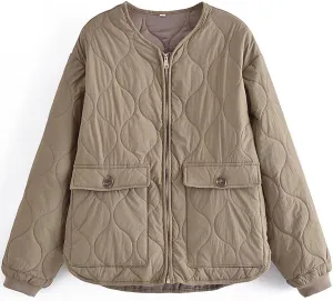HGps8w Women's Lightweight Quilted Puffer Jacket, Zip Up Long Sleeve Padded Down Warm Winter Coats Outerwear