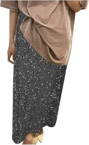 HGps8w Women's Sparkly Sequin Maxi Skirt Loose Elastic Waist Glitter Pencil Skirt Elegant Cocktail Evening Party Dresses