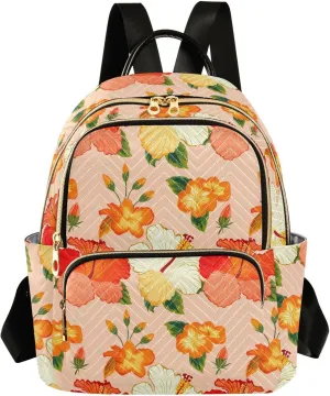 Hibiscus Elegant Soft Pink Backpack Purse for Women Fashion Small Mini Daypack Purse for Lady Anti-theft Shoulder Bag Back Pack Weekend Bag