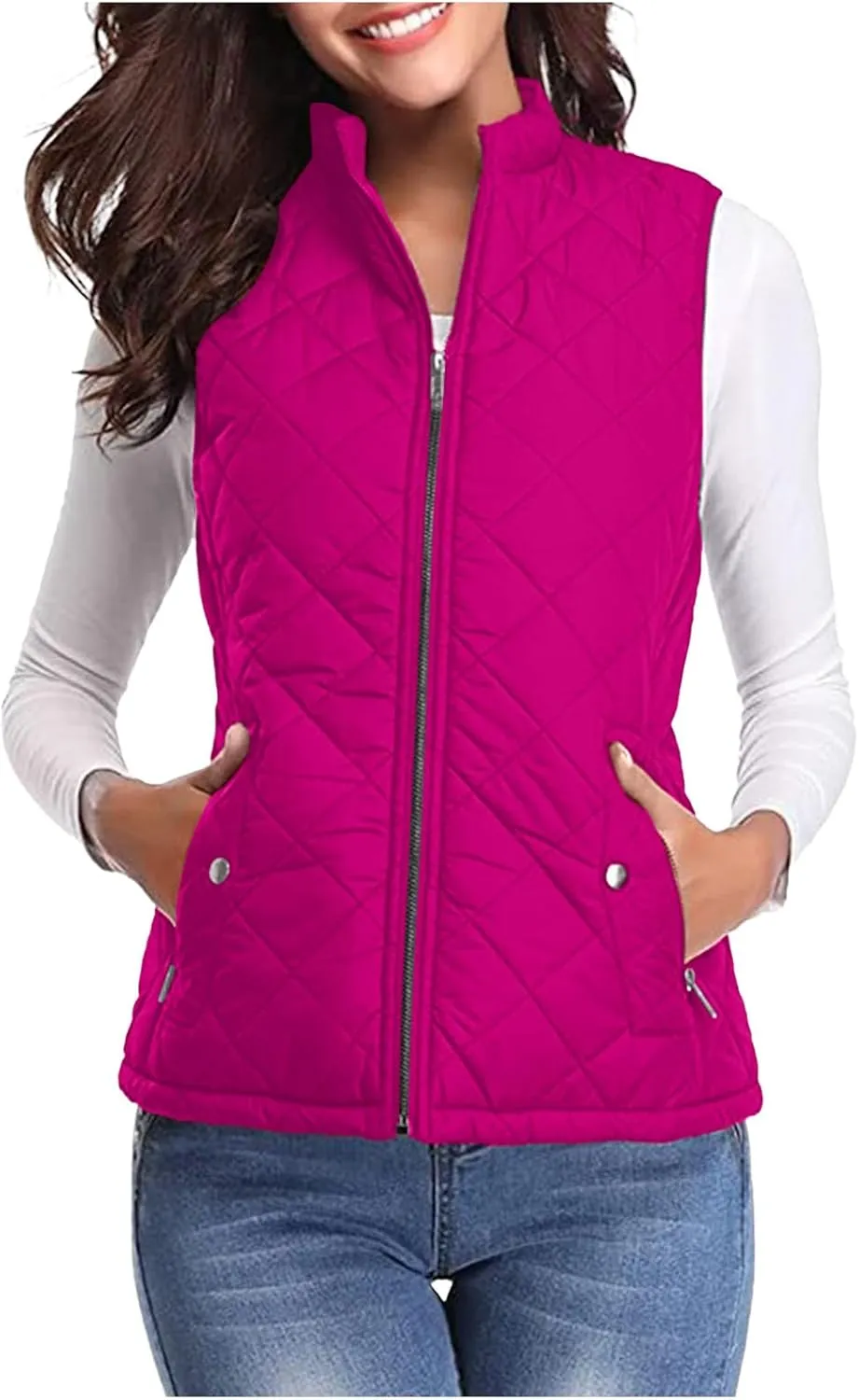 hlysgo Women's Quilted Vest, Stand Collar Lightweight Zip Pockets Padded Gilet Sleeveless Zipper Coat Jacket Outwear