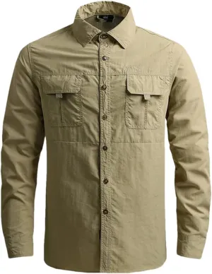 Hot Tactical Hiking Shirts Men Long Sleeve Cargo Work Shirt Summer Outdoor Quick-Dry Military Camping Hunting Fishing Work Shirt Long-Khaki Asian-XL