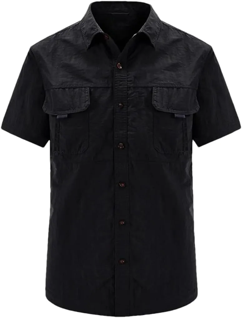 Hot Tactical Hiking Shirts Men Long Sleeve Cargo Work Shirt Summer Outdoor Quick-Dry Military Camping Hunting Fishing Work Shirt Short-Black Asian-XL