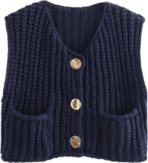 HOULENGS Women's Spring Chunky Sweater Vest 2025 Button Down Sleeveless Knit Top Fashion Cardigan Vest with Pockets