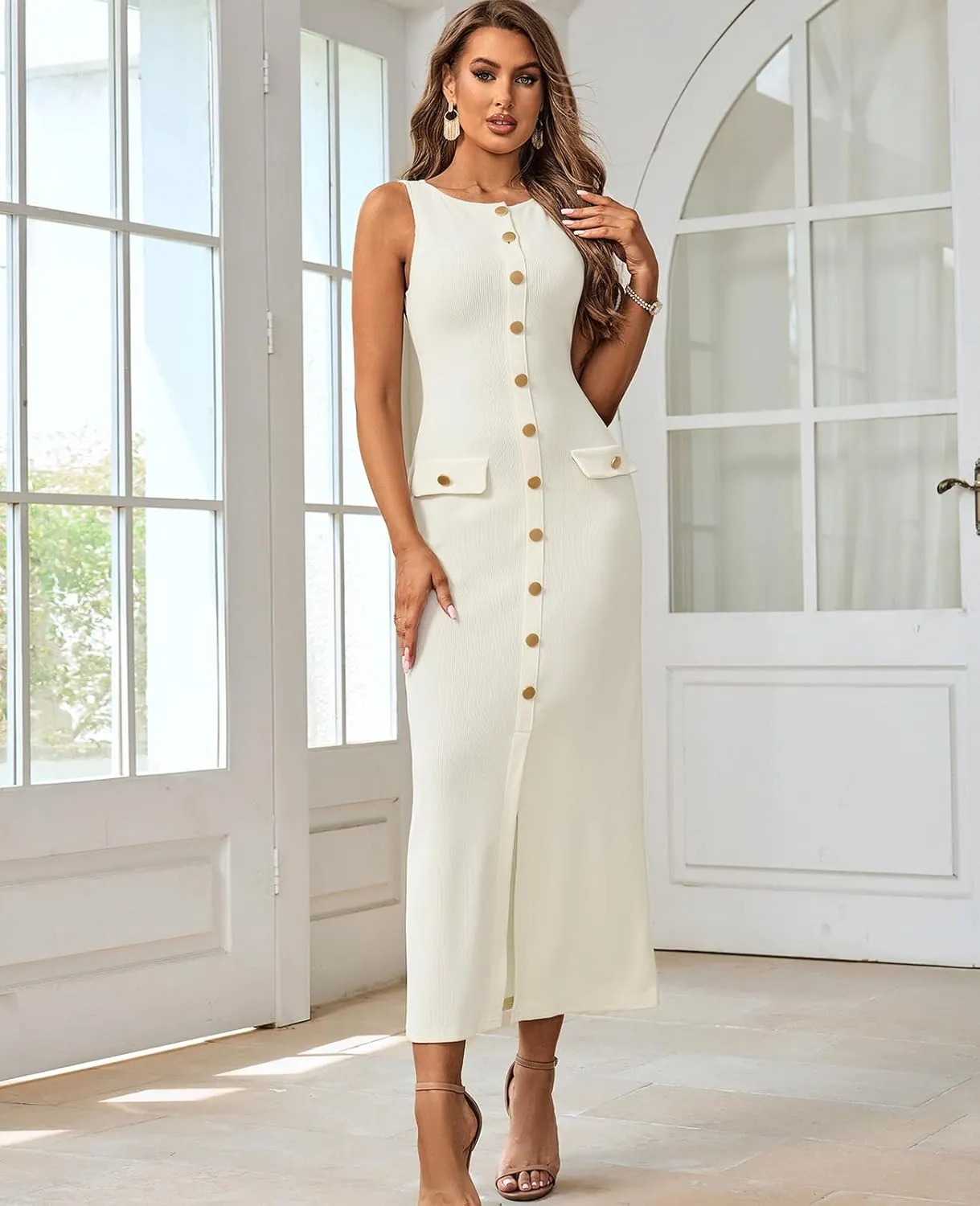 HTZMO Women's Sleeveless Sweater Maxi Dress Bodycon Button Ribbed Knit Pullover Casual Long Dresses for Office Work