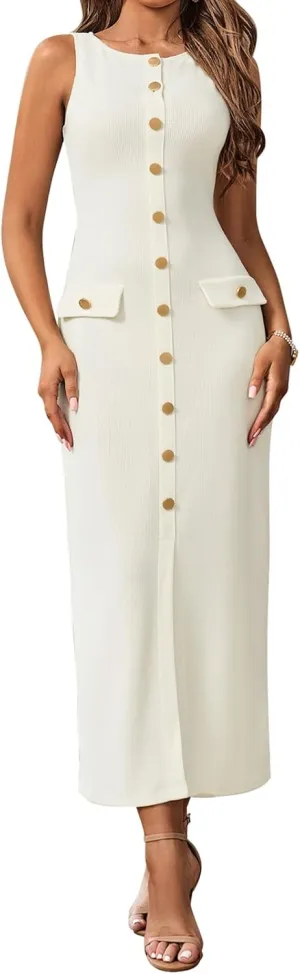 HTZMO Women's Sleeveless Sweater Maxi Dress Bodycon Button Ribbed Knit Pullover Casual Long Dresses for Office Work