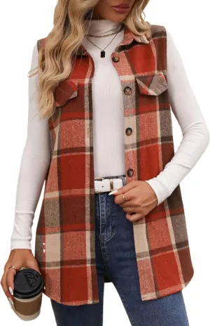 IDEALSANXUN Plaid Vest for Women Fall Winter Flannel Sleeveless Jacket Cardigan Outerwear