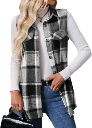 IDEALSANXUN Plaid Vest for Women Fall Winter Flannel Sleeveless Jacket Cardigan Outerwear