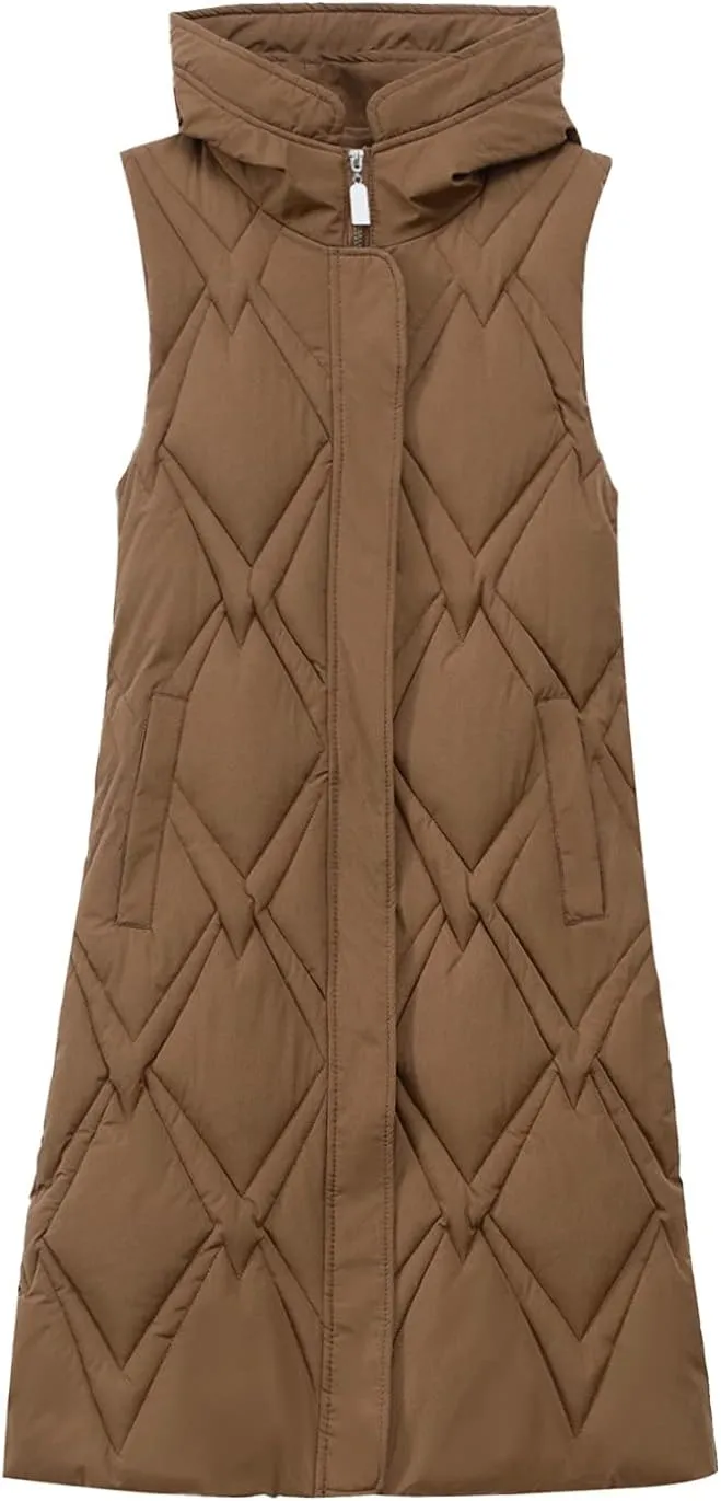 iLH Womens Sleeveless Long Coat Cotton Padded Full Zip Hooded Extra Long Vest with Pocket Windbreaker Jacket Coat for Women