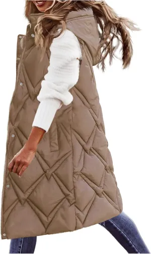 iLH Womens Sleeveless Long Coat Cotton Padded Full Zip Hooded Extra Long Vest with Pocket Windbreaker Jacket Coat for Women
