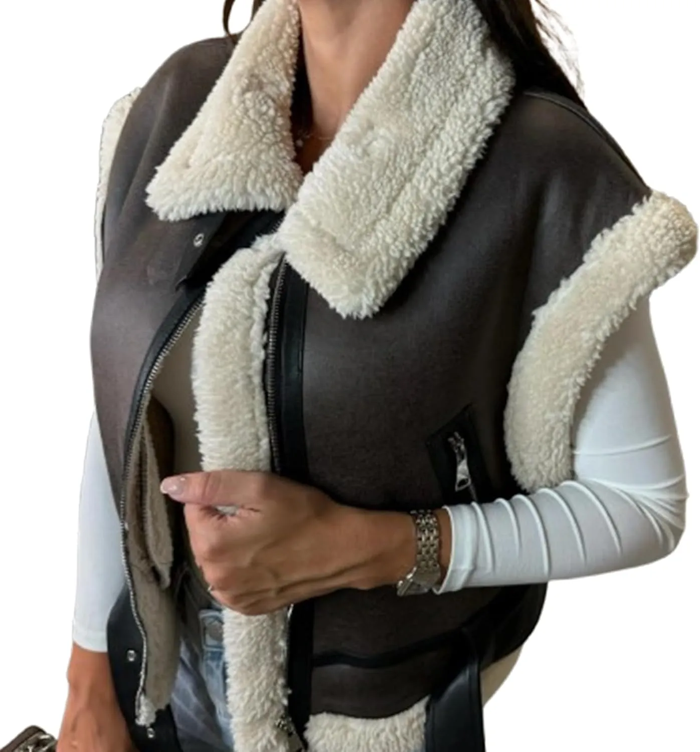 IMISSILLEB Women Leather Sherpa Vest Fur Collar Sleeveless Zipper Faux Suede Shearling Vest 2024 Biker Moto Jacket Outerwear