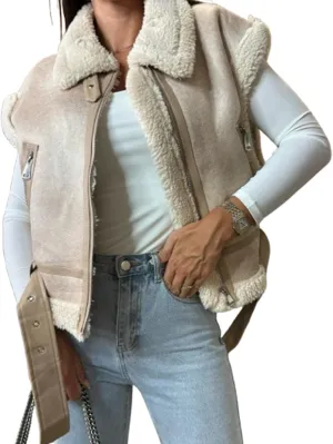 IMISSILLEB Women Leather Sherpa Vest Fur Collar Sleeveless Zipper Faux Suede Shearling Vest 2024 Biker Moto Jacket Outerwear