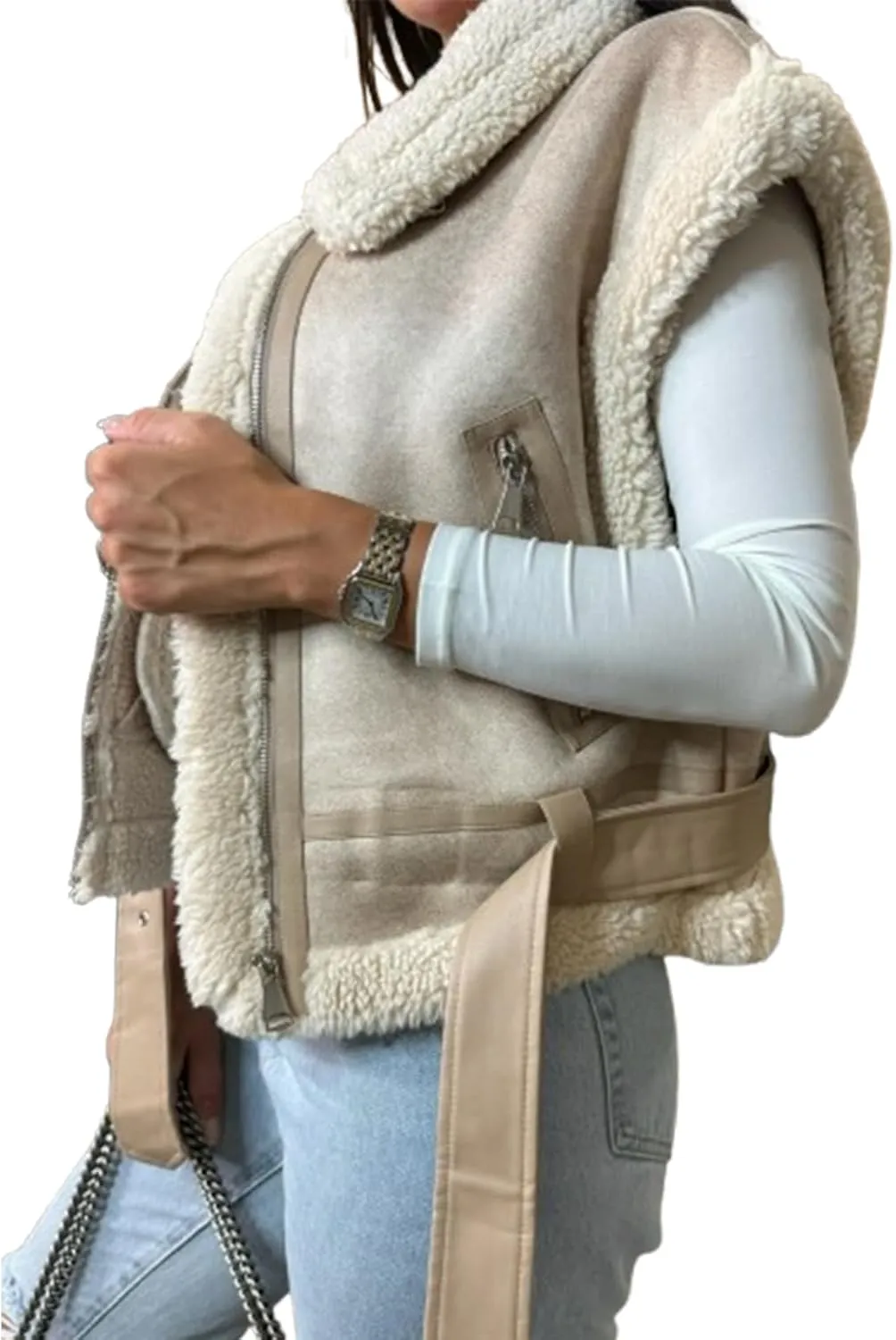 IMISSILLEB Women Leather Sherpa Vest Fur Collar Sleeveless Zipper Faux Suede Shearling Vest 2024 Biker Moto Jacket Outerwear