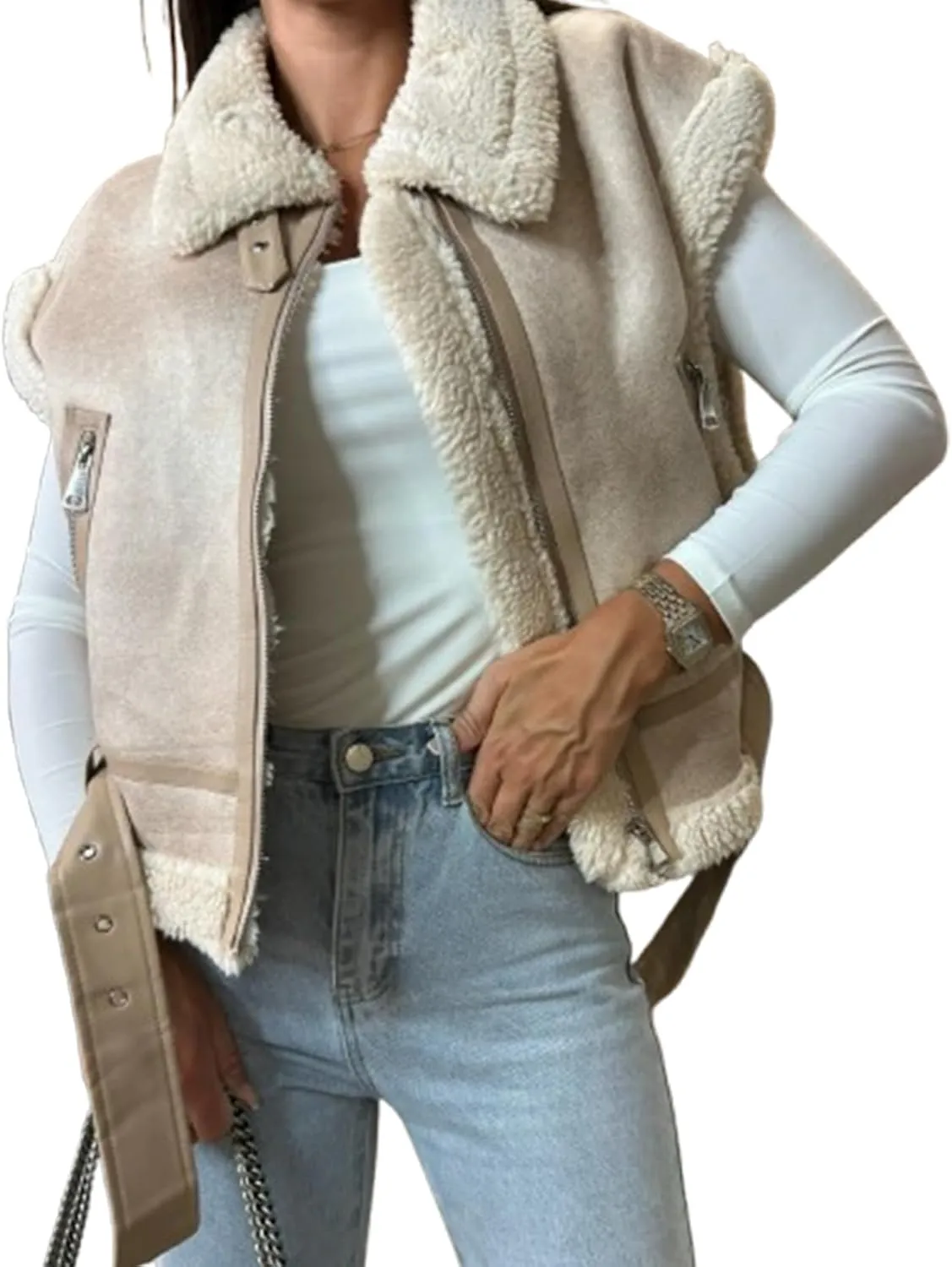 IMISSILLEB Women Leather Sherpa Vest Fur Collar Sleeveless Zipper Faux Suede Shearling Vest 2024 Biker Moto Jacket Outerwear