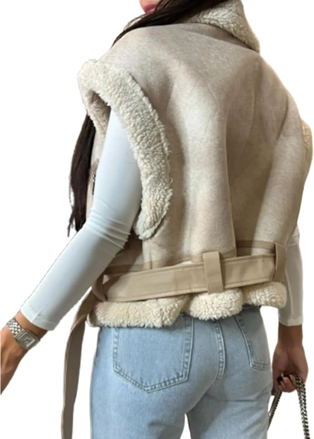 IMISSILLEB Women Leather Sherpa Vest Fur Collar Sleeveless Zipper Faux Suede Shearling Vest 2024 Biker Moto Jacket Outerwear
