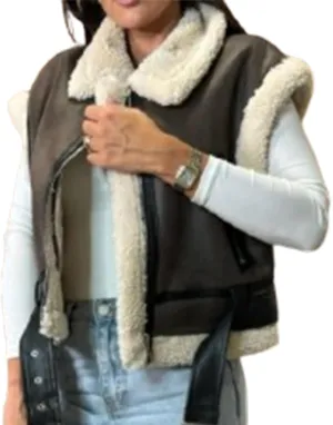 IMISSILLEB Women Leather Sherpa Vest Fur Collar Sleeveless Zipper Faux Suede Shearling Vest 2024 Biker Moto Jacket Outerwear