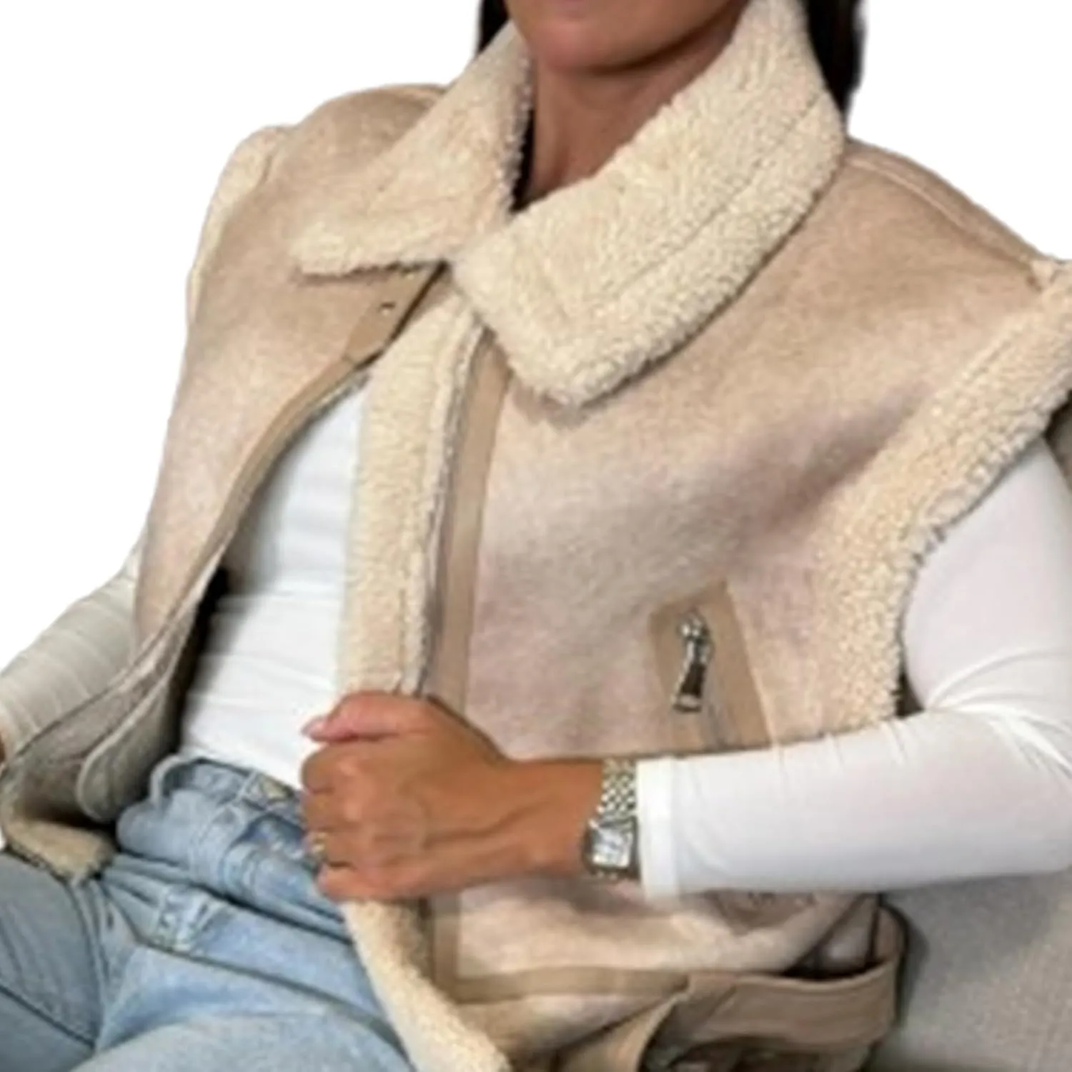 IMISSILLEB Women Leather Sherpa Vest Fur Collar Sleeveless Zipper Faux Suede Shearling Vest 2024 Biker Moto Jacket Outerwear