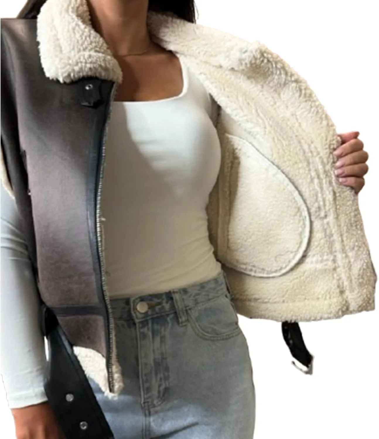 IMISSILLEB Women Leather Sherpa Vest Fur Collar Sleeveless Zipper Faux Suede Shearling Vest 2024 Biker Moto Jacket Outerwear