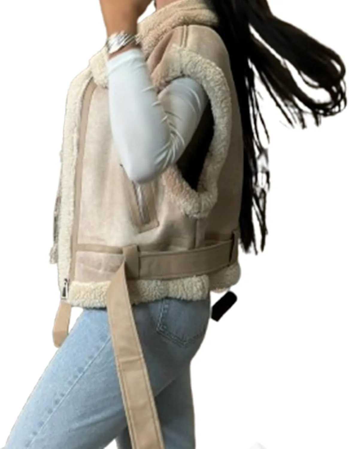 IMISSILLEB Women Leather Sherpa Vest Fur Collar Sleeveless Zipper Faux Suede Shearling Vest 2024 Biker Moto Jacket Outerwear
