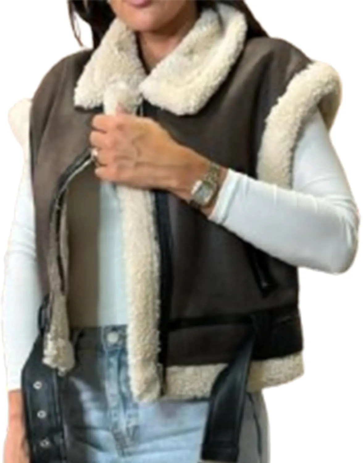 IMISSILLEB Women Leather Sherpa Vest Fur Collar Sleeveless Zipper Faux Suede Shearling Vest 2024 Biker Moto Jacket Outerwear