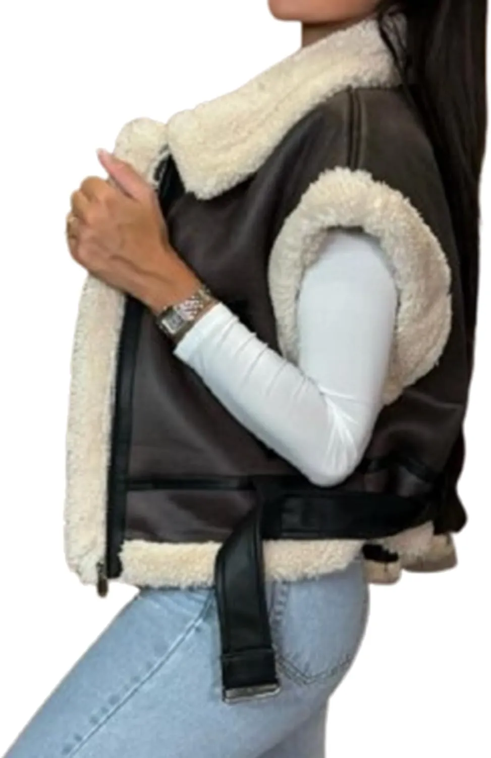 IMISSILLEB Women Leather Sherpa Vest Fur Collar Sleeveless Zipper Faux Suede Shearling Vest 2024 Biker Moto Jacket Outerwear