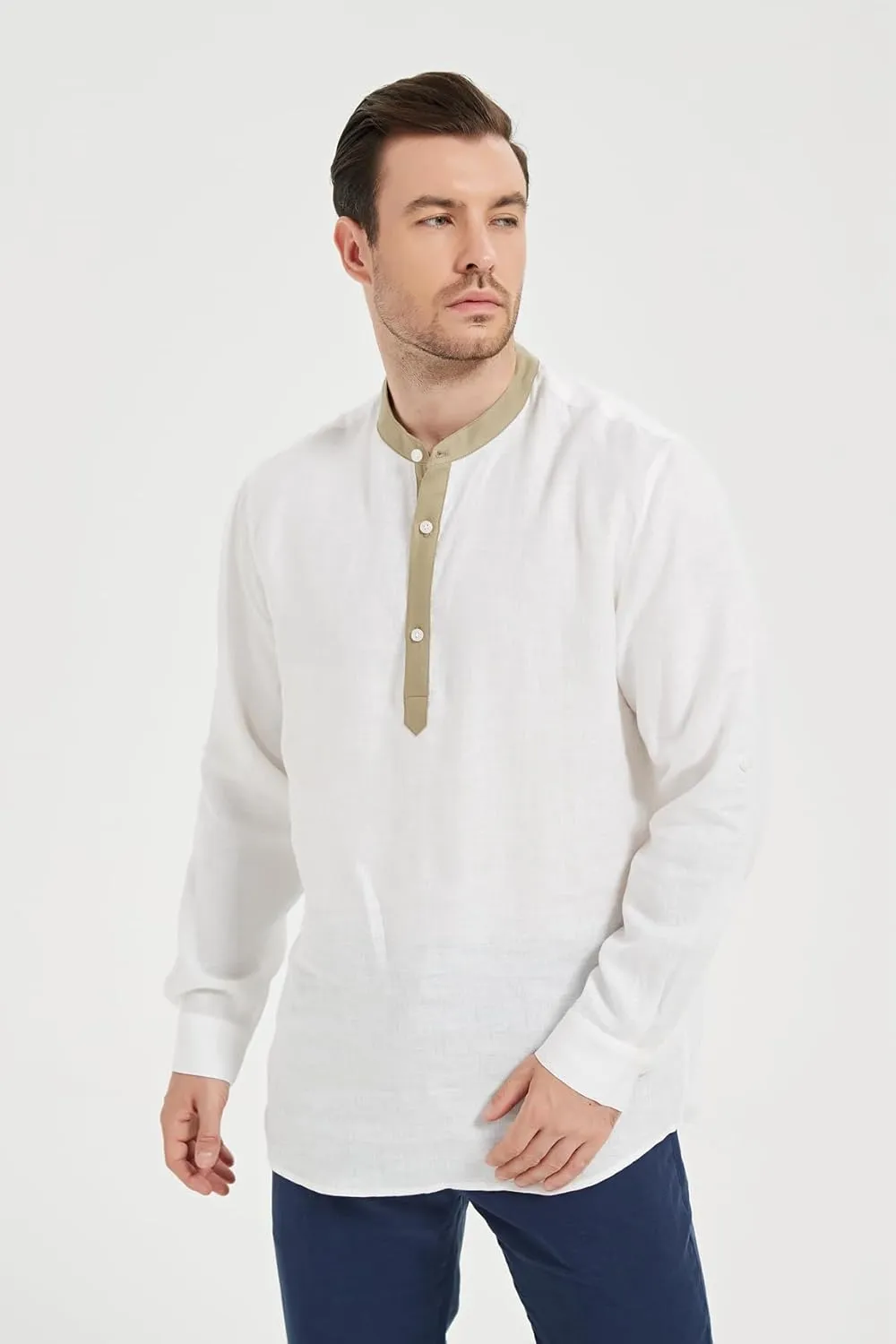 Isle Bay Men's Summer Pure Linen Plain Roll-Up Sleeve Beach Shirts, with Contrast Collar