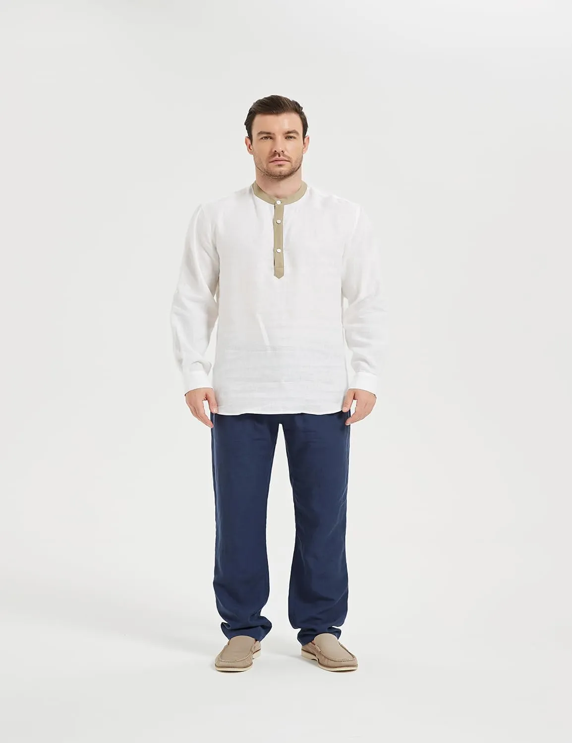 Isle Bay Men's Summer Pure Linen Plain Roll-Up Sleeve Beach Shirts, with Contrast Collar