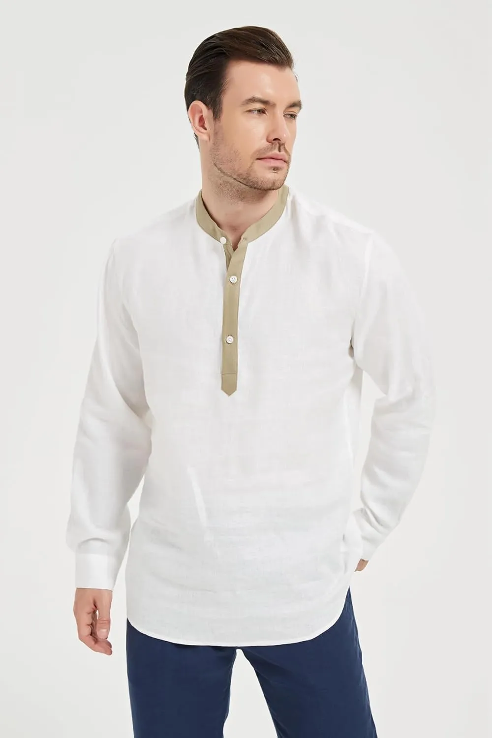 Isle Bay Men's Summer Pure Linen Plain Roll-Up Sleeve Beach Shirts, with Contrast Collar