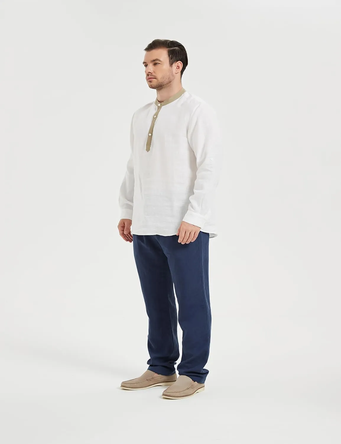 Isle Bay Men's Summer Pure Linen Plain Roll-Up Sleeve Beach Shirts, with Contrast Collar