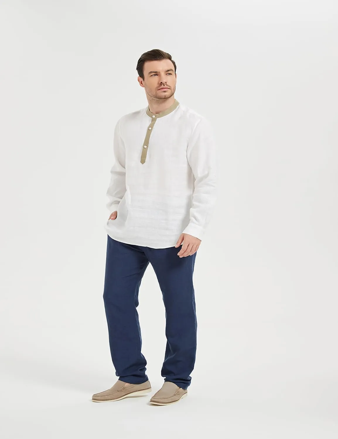 Isle Bay Men's Summer Pure Linen Plain Roll-Up Sleeve Beach Shirts, with Contrast Collar