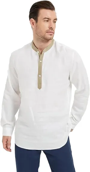 Isle Bay Men's Summer Pure Linen Plain Roll-Up Sleeve Beach Shirts, with Contrast Collar