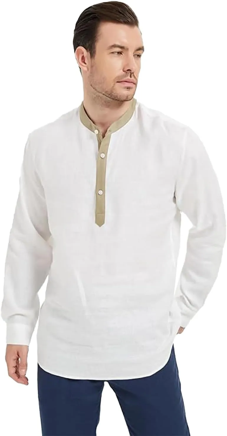 Isle Bay Men's Summer Pure Linen Plain Roll-Up Sleeve Beach Shirts, with Contrast Collar