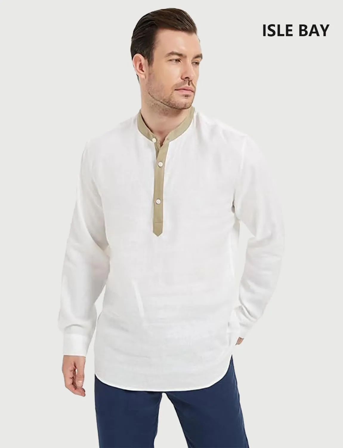 Isle Bay Men's Summer Pure Linen Plain Roll-Up Sleeve Beach Shirts, with Contrast Collar