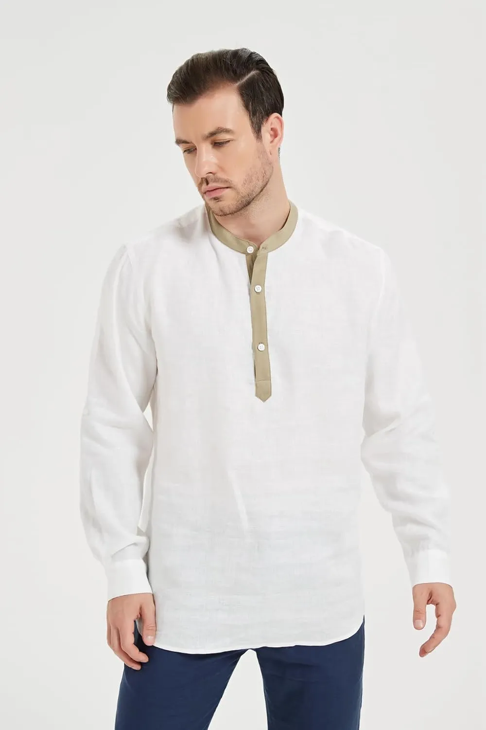 Isle Bay Men's Summer Pure Linen Plain Roll-Up Sleeve Beach Shirts, with Contrast Collar