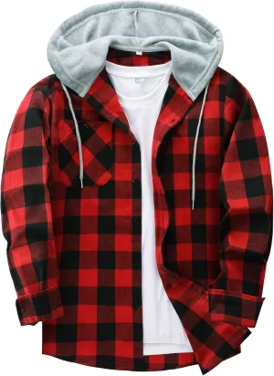 JACKETOWN Hooded Flannel Shirt for Men Plaid Shirts Long Sleeve Flannel Jacket Button-Down Shirt Jacket with Hood