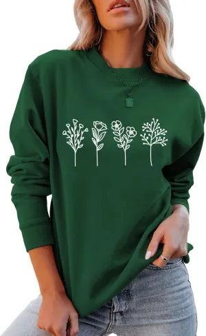 JBF Cloth Flower Sweatshirt Womens 80s Vintage Minimalistic Floral Printed Long Sleeves Sweatshirt Pullovers Tops