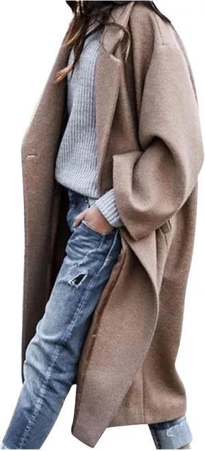 JEGULV Women Elegant Long Trench Coats Lightweight Open Front Solid Color Outwear Jackets Notched Lapel Collar Wool Pea Coats