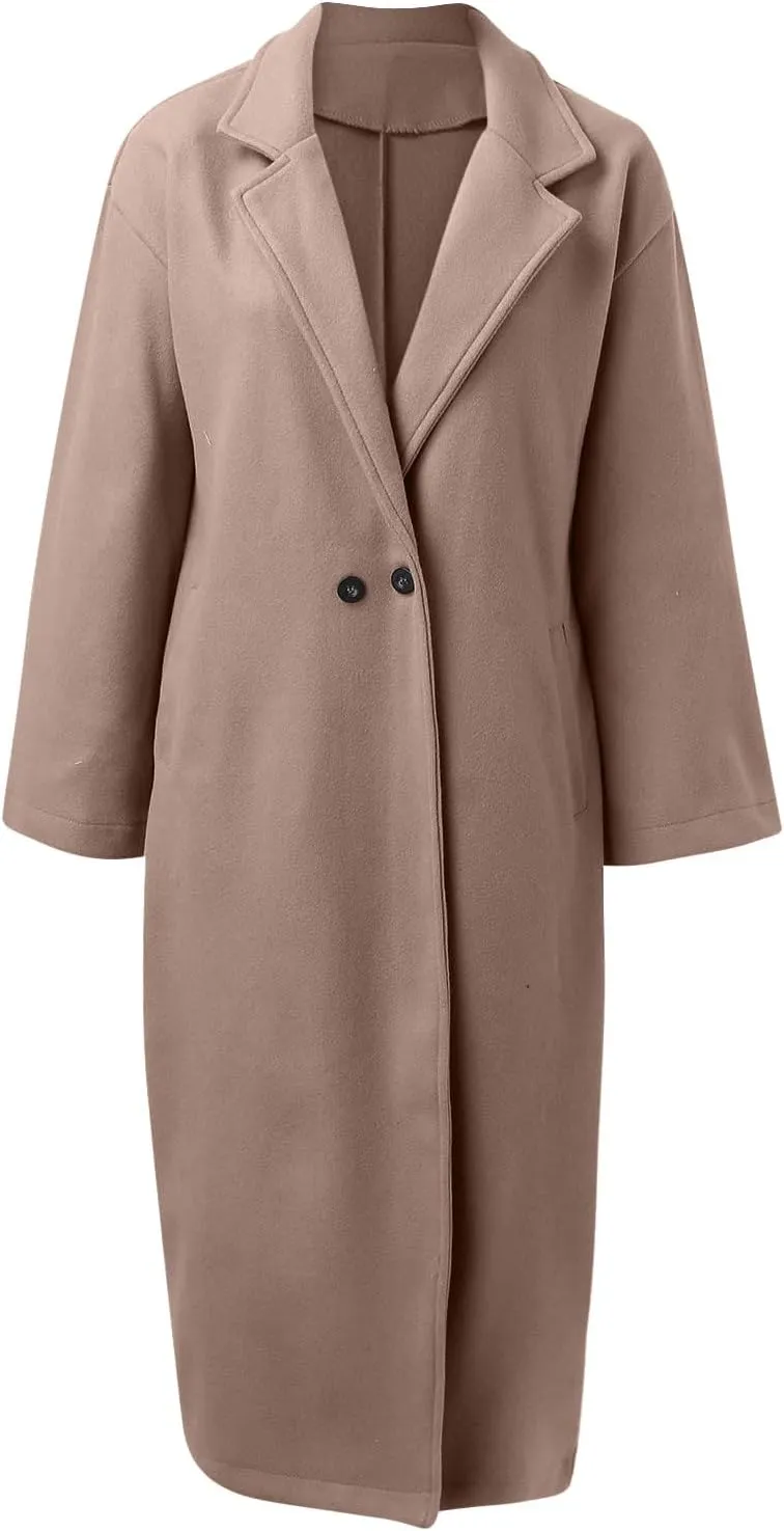 JEGULV Women Elegant Long Trench Coats Lightweight Open Front Solid Color Outwear Jackets Notched Lapel Collar Wool Pea Coats