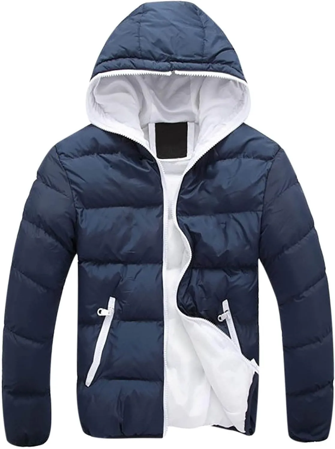 JIEMUXIU Mens Puffer Jacket Lightweight Packable Quilted Color Block Bubble Down Jackets Winter Warm Fashion Thick Outwear