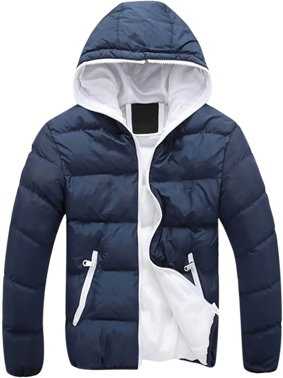 JIEMUXIU Mens Puffer Jacket Lightweight Packable Quilted Color Block Bubble Down Jackets Winter Warm Fashion Thick Outwear