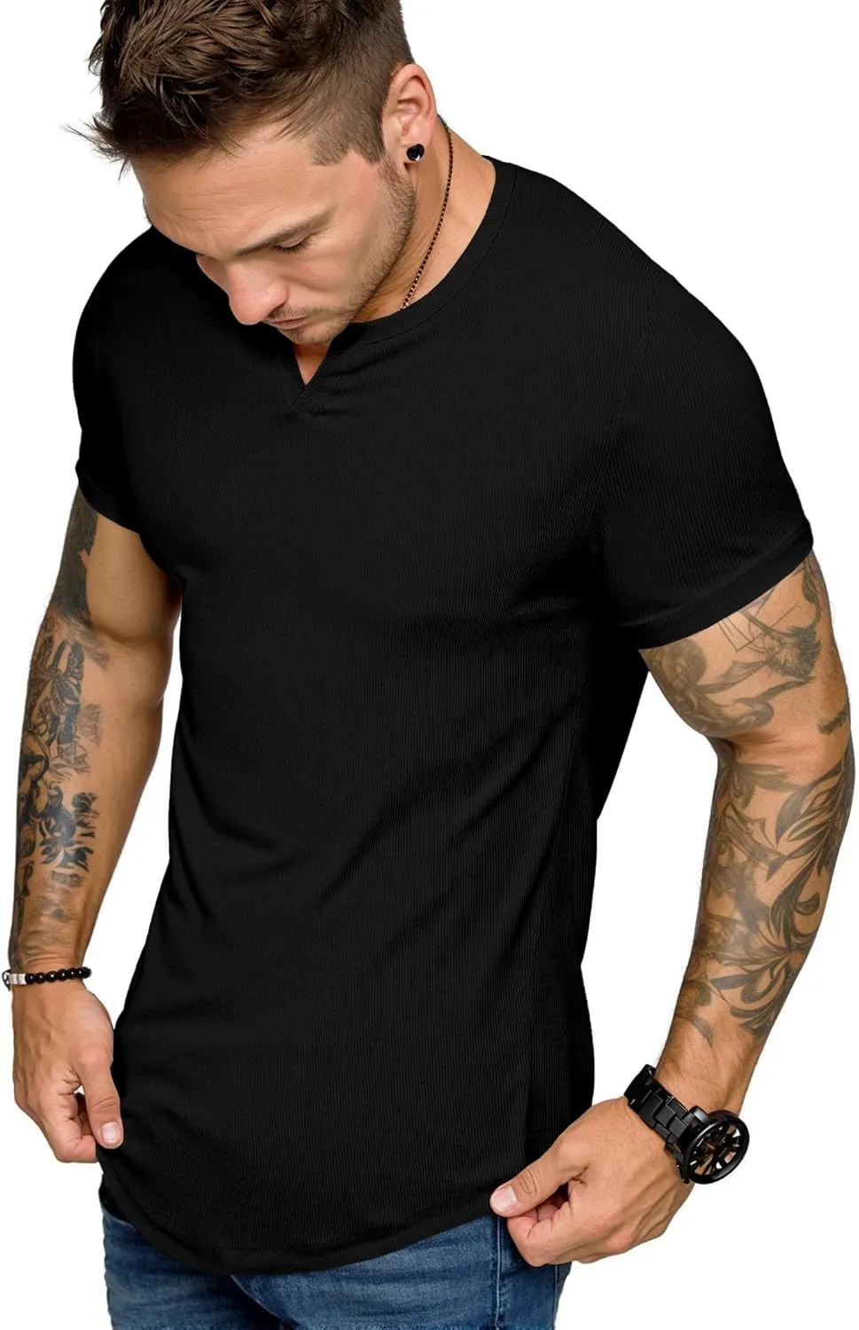 JMIERR Men's Muscle V-Neck T Shirt Short Sleeve Longline Ribbed Henley Shirt Gym Workout Athletic Tee Shirts