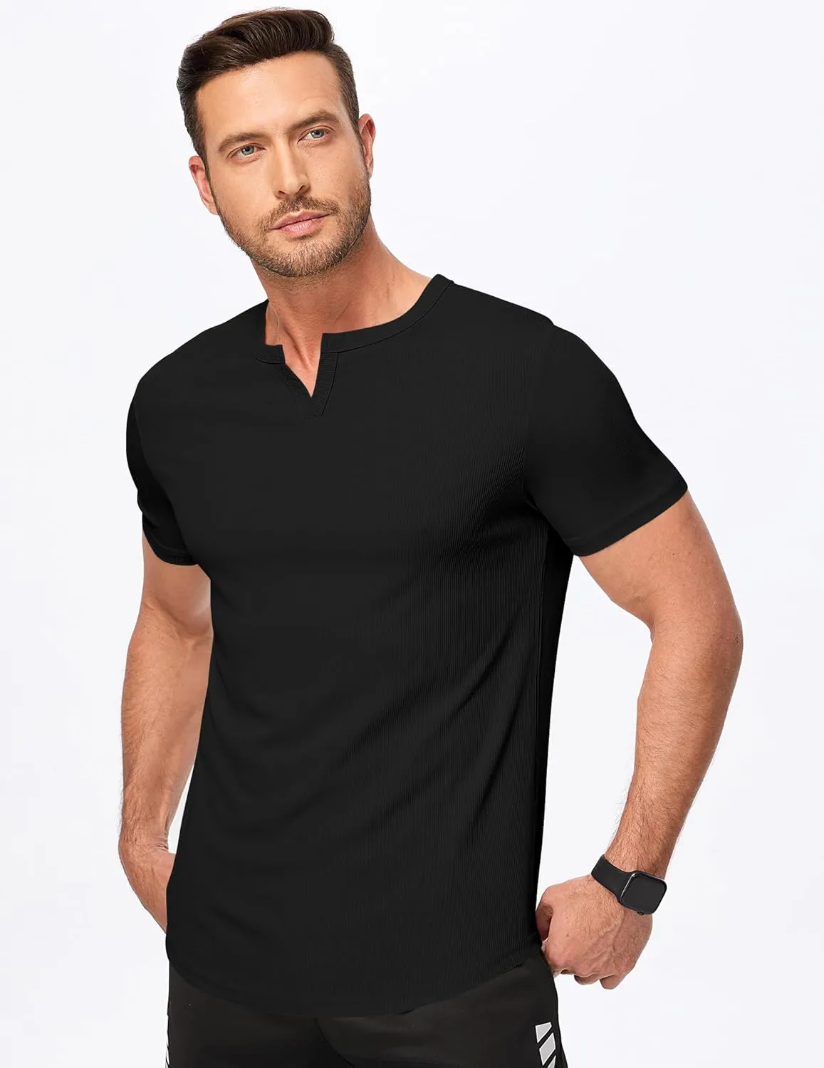 JMIERR Men's Muscle V-Neck T Shirt Short Sleeve Longline Ribbed Henley Shirt Gym Workout Athletic Tee Shirts