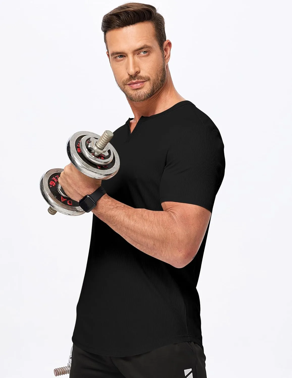 JMIERR Men's Muscle V-Neck T Shirt Short Sleeve Longline Ribbed Henley Shirt Gym Workout Athletic Tee Shirts