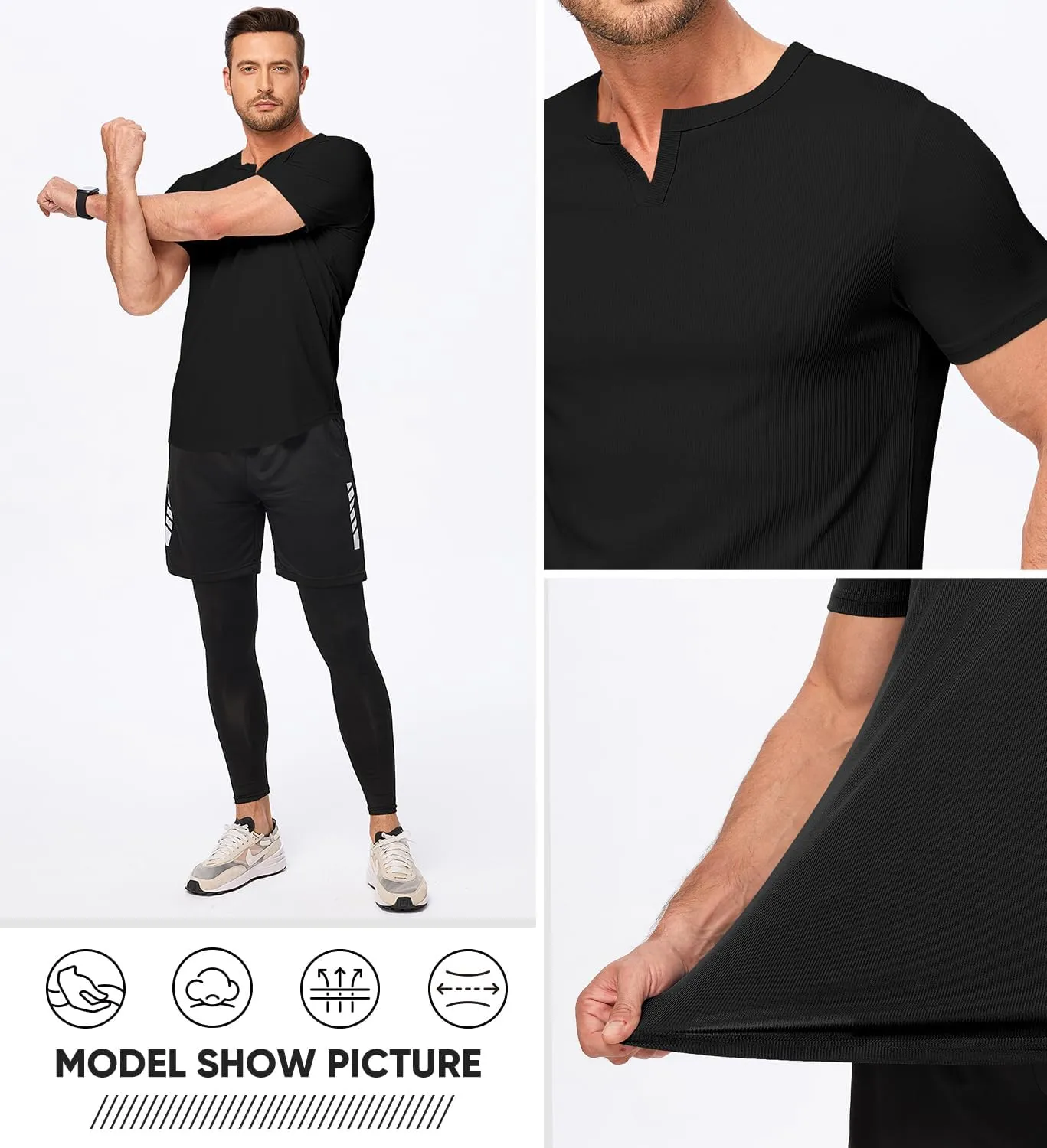 JMIERR Men's Muscle V-Neck T Shirt Short Sleeve Longline Ribbed Henley Shirt Gym Workout Athletic Tee Shirts