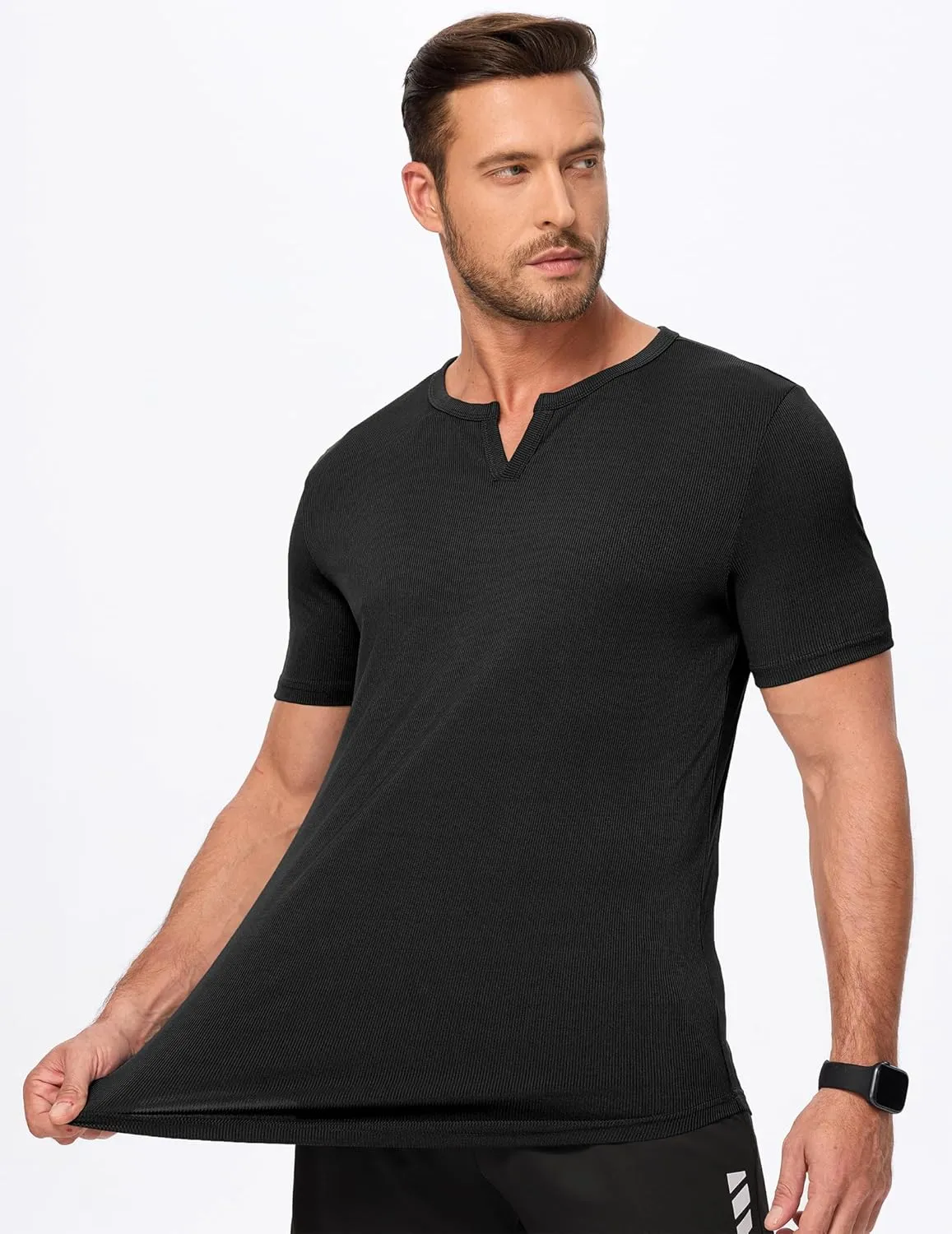 JMIERR Men's Muscle V-Neck T Shirt Short Sleeve Longline Ribbed Henley Shirt Gym Workout Athletic Tee Shirts