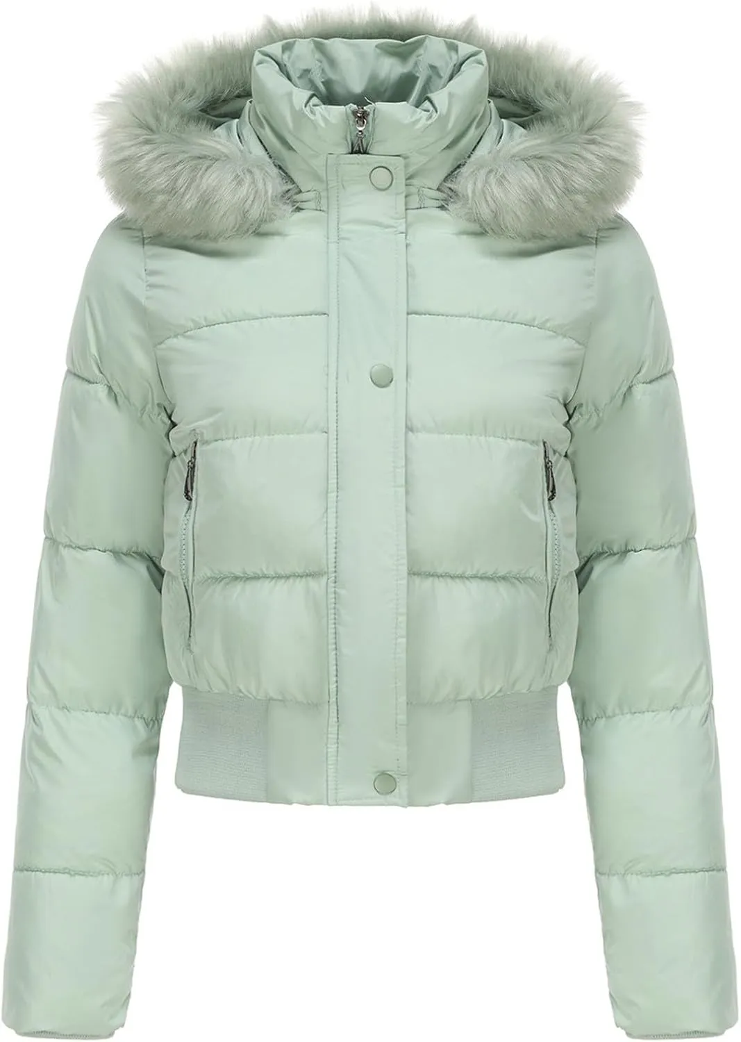 JOAU Women's Cotton Padded Puffer Jackets Zip Up Quilted Down Outwear Winter Warm Detachable Fur Hooded Pockets Short Coats