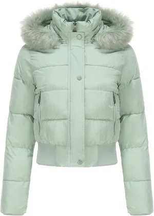 JOAU Women's Cotton Padded Puffer Jackets Zip Up Quilted Down Outwear Winter Warm Detachable Fur Hooded Pockets Short Coats